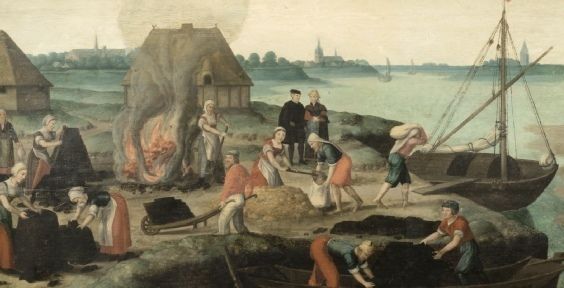 Detail van een schilderij waarop de verschillende stadia van het darinc delven in beeld zijn gebracht. Schilderij uit circa 1540. (Stadhuismuseum Zierikzee)