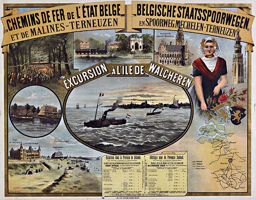 Affiche uit 1892 van de Belgische Staatsspoorwegen. (Zeeuws Archief, coll. Zeeuws Genootschap, Zelandia Illustrata)