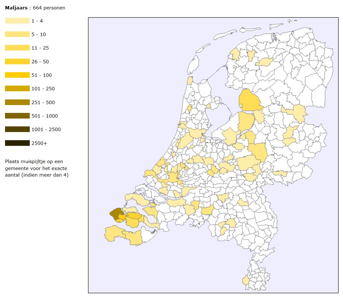 De familienaam Maljaars in 2007 (Familienamendatabank Meertens instituut: http://www.meertens.knaw.nl/nfb/)