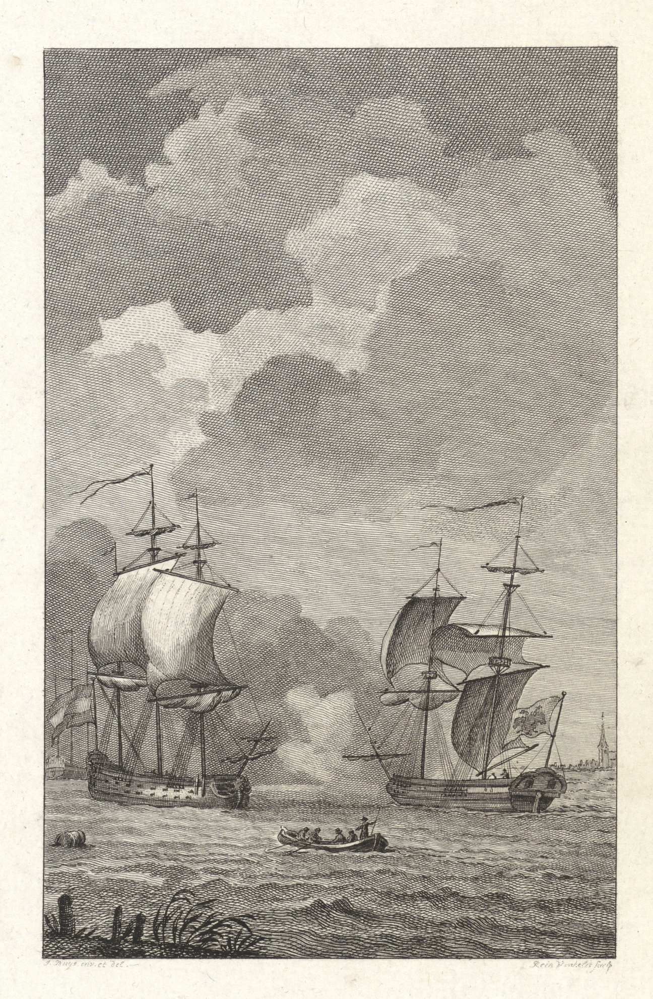 Tegenhouden van de keizerlijke brik 'Le Louis' door 'den Dolphyn' op de Schelde, 1784. Reinier Vinkeles naar Jacobus Buys)