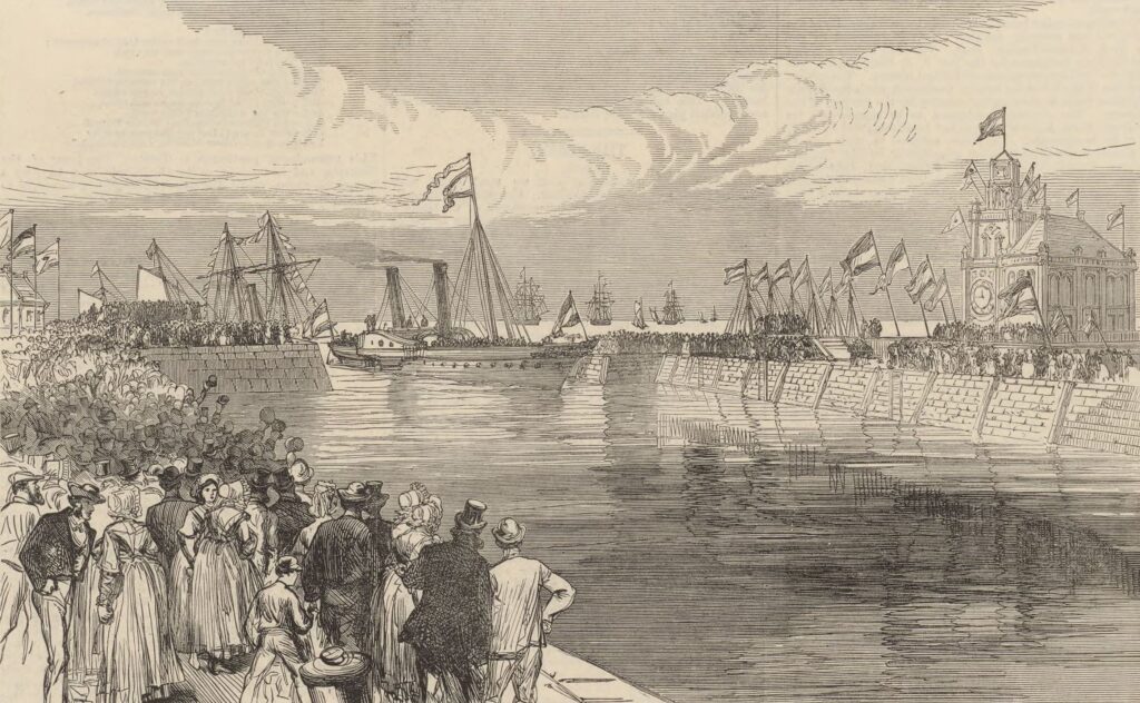 Aankomst koning Willem III in de haven van Vlissingen (Zeeuws Archief, KZGW, Zelandia Illustrata, deel III, nr. 332-1).